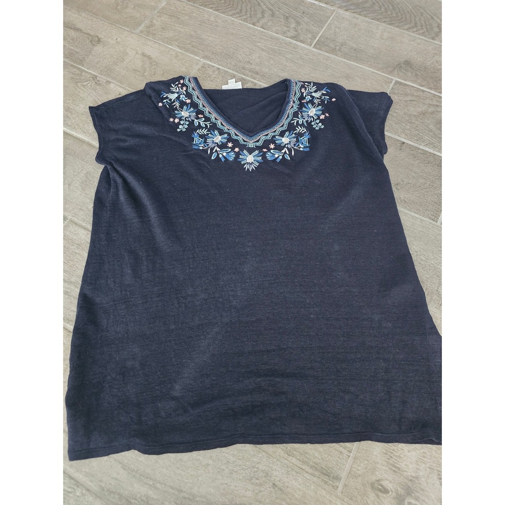 J Jill Embroidered V Neck Linen Blend Tunic Top Women's Size L Navy‎ Blue Floral